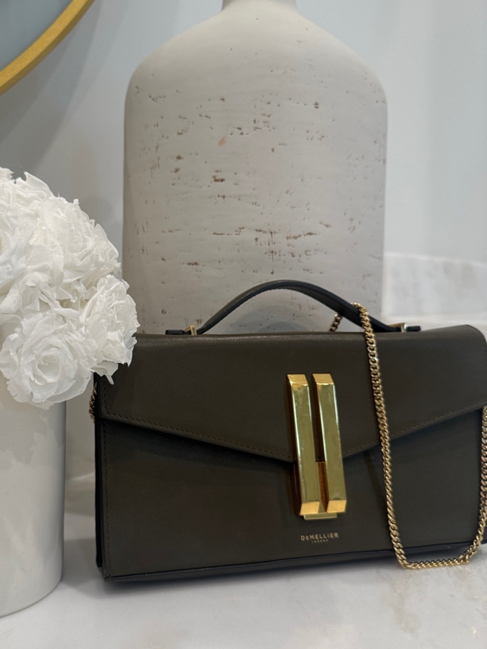 DeMellier Olive Green Top-Handle Satchel with Gold Chain